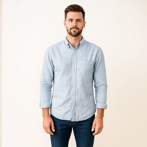 RYE by Hawker Men Seersucker Blue Striped Long Sleeve XL SHORT Button Down Retro